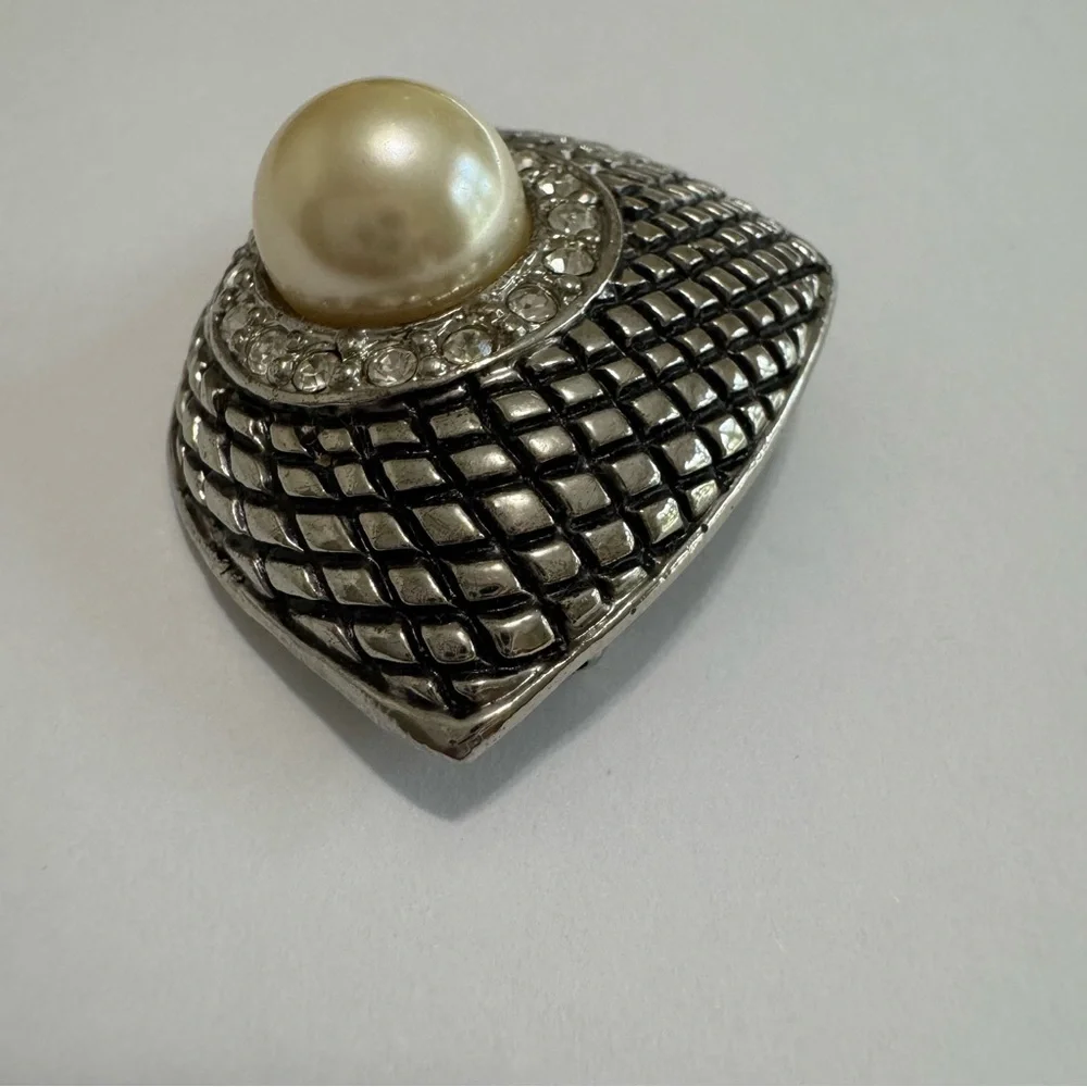 Vintage Faux Pearl Rhinestone Brooch Silver Tone Statement Bridal Scarf Coat Pin